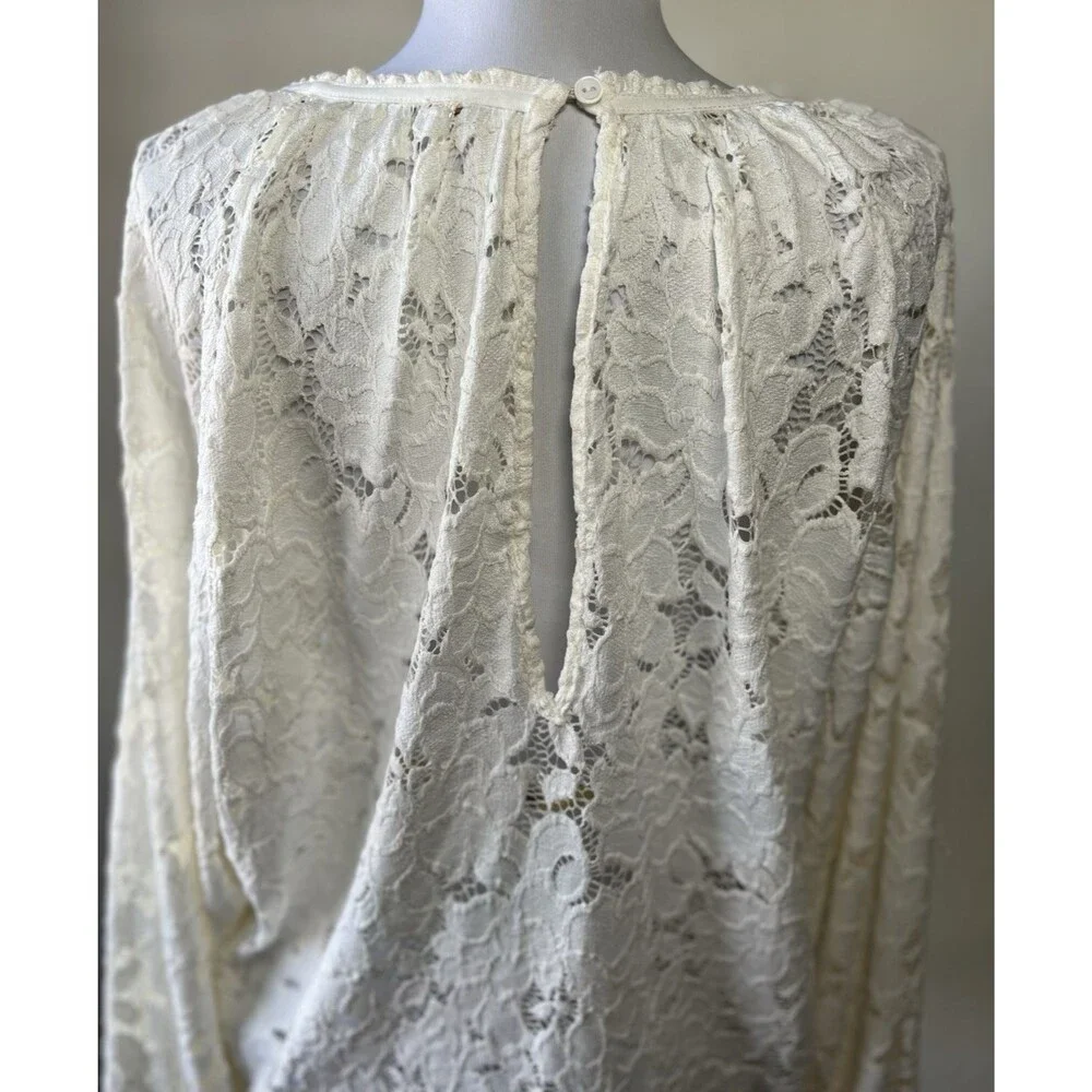 Free People White Lace Ruffle Sleeve Round Neck Women's Blouse Size S